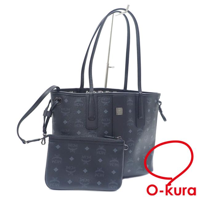 中古 MCM トートバッグ レディース ブラック ホワイト 黒 レザー ハンド ショルダー 肩掛け ヴィセトス リバーシブル エムシーエム ポーチ付