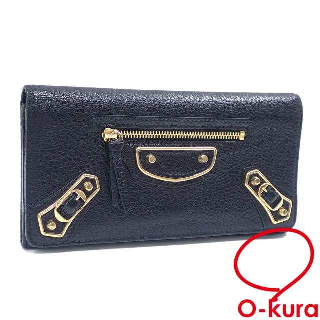 中古 バレンシアガ 二つ折り 長財布 クラシック コンチネンタル ウォレット レディース ブラック 黒 レザー 390184 メタリックエッジマネー ゴールド