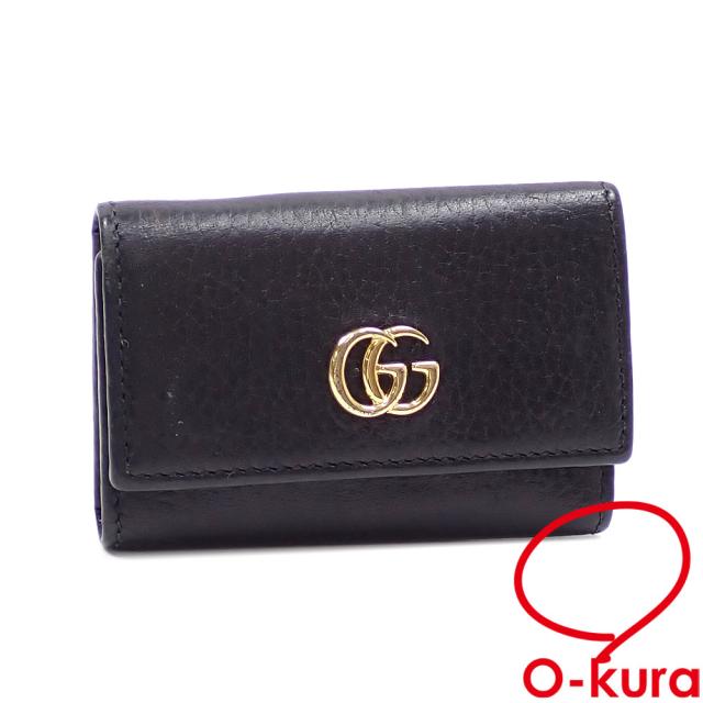 中古 グッチ ダブルG キーケース レディース ブラック レザー 456118 鍵入れ ゴールド金具