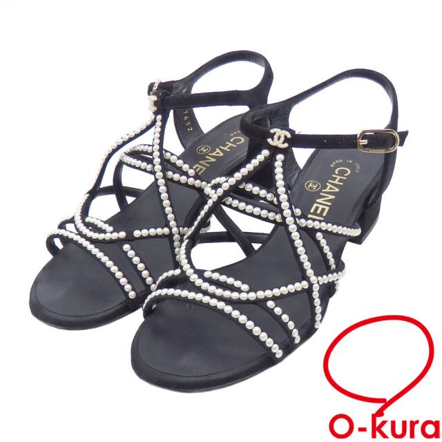 中古 シャネル サンダル レディース ミドルヒール スエード フェイクパール ブラック 黒 サイズ22.5cm 35 1/2C G37632 古着 アパレル