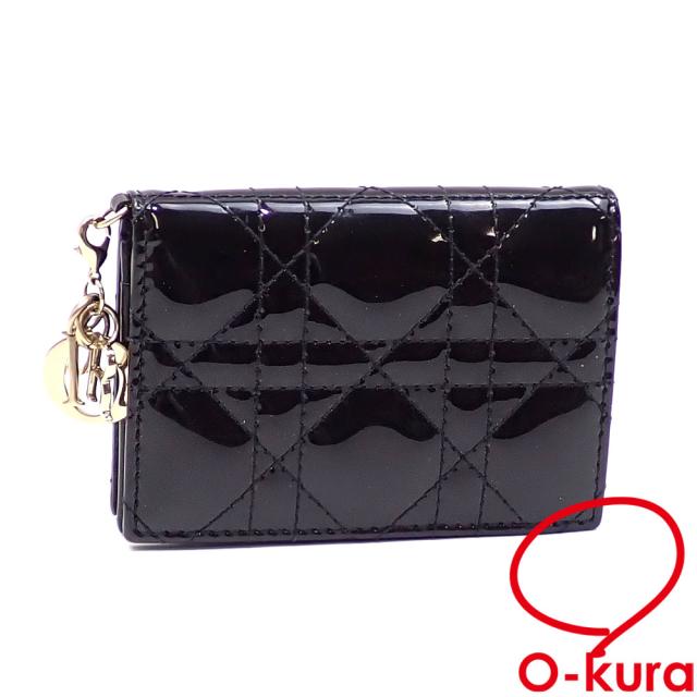 中古 クリスチャンディオール カードケース レディース ブラック パテントレザー カナージュ カード入