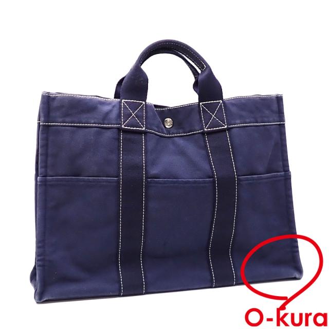 中古 エルメス ドーヴィル MM トートバッグ ネイビー キャンバス HERMES レディース メンズ 男女兼用
