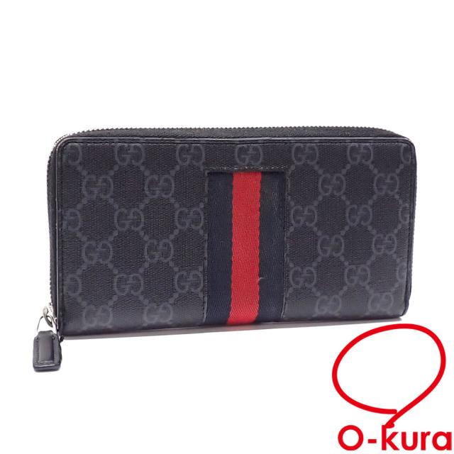 中古 グッチ ラウンドファスナー 長財布 GGスプリーム レディース ブラック グレー PVC レザー