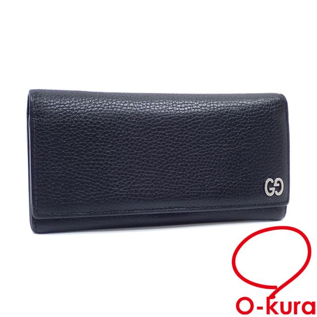 中古 グッチ 二つ折り長財布 ドリアン メタルGG フラップ ウォレット レディース ブラック 黒 レザー