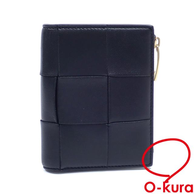 中古 ボッテガ ヴェネタ 二つ折り財布 マキシイントレチャート レディース ブラック 黒 レザー 651381 VCQC4 8425 カセット スモール 二つ折り