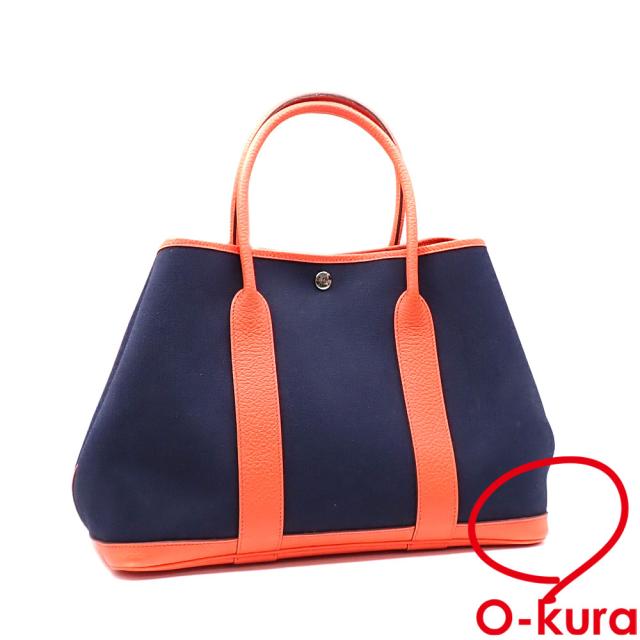 中古 エルメス ガーデンパーティ PM トートバッグ レディース ネイビー オレンジ ネゴンダ トワルミリタリー X刻印 2016年頃製 HERMES