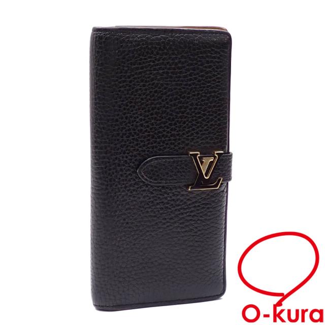 中古 ルイ・ヴィトン 二つ折り 長財布 カプシーヌ LV ヴェルティカル ウォレット レディース M81330 ノワール トリヨンレザー イニシャル入