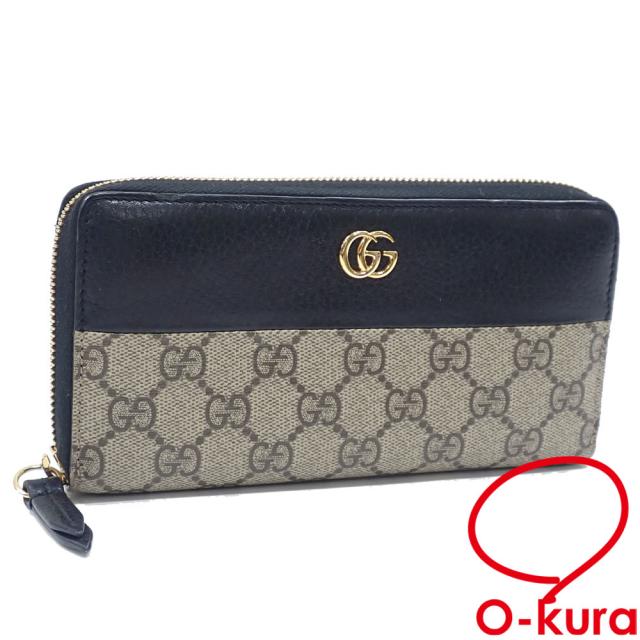 中古 グッチ ラウンドファスナー 長財布 GGスプリーム ダブルG バイカラー ジップアラウンドウォレット レディース ベージュ ブラック PVC レザー