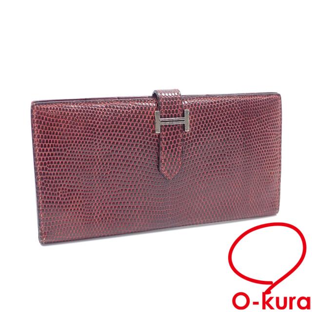 中古 エルメス ベアンクラシック 二つ折り 長財布 レディース レッド 赤 リザード □H刻印 2004年頃製 HERMES シルバー金具 2つ折り トカゲ