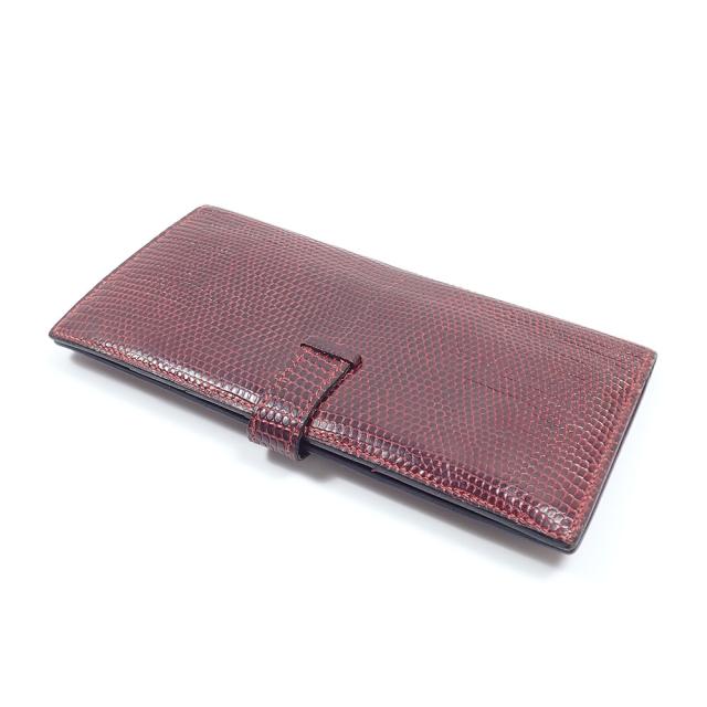 中古 エルメス ベアンクラシック 二つ折り 長財布 レディース レッド 赤 リザード □H刻印 2004年頃製 HERMES シルバー金具 2つ折り トカゲ_1