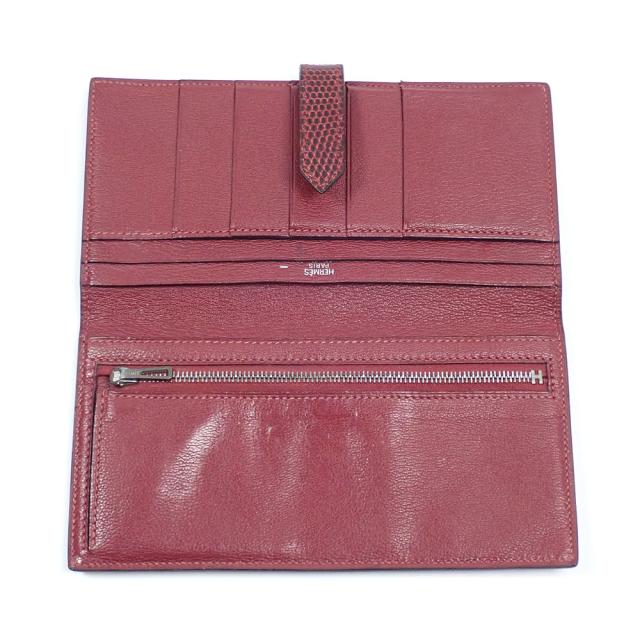 中古 エルメス ベアンクラシック 二つ折り 長財布 レディース レッド 赤 リザード □H刻印 2004年頃製 HERMES シルバー金具 2つ折り トカゲ_6