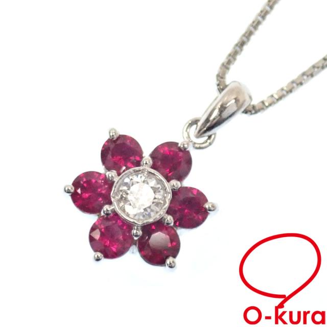 中古 ルビー ダイヤモンド ネックレス レディース Pt900 Pt850 0.50ct 0.08ct 4.3g