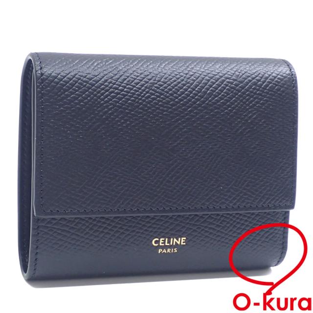 中古 セリーヌ 三つ折り 財布 スモール トリフォールド ウォレット レディース ブラック 黒 グレインドカーフスキン 10B573BEL