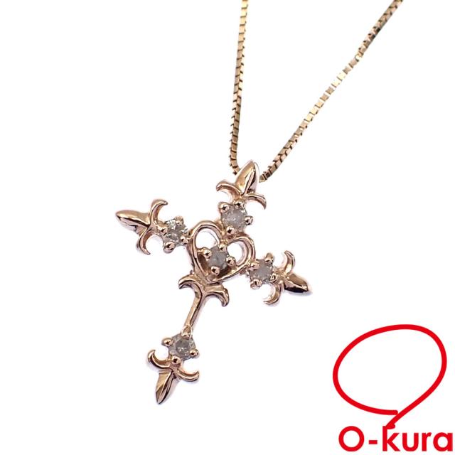 中古 ダイヤモンド クロスモチーフ ネックレス レディース K10PG 0.07ct 1.4g 10金 ピンクゴールド