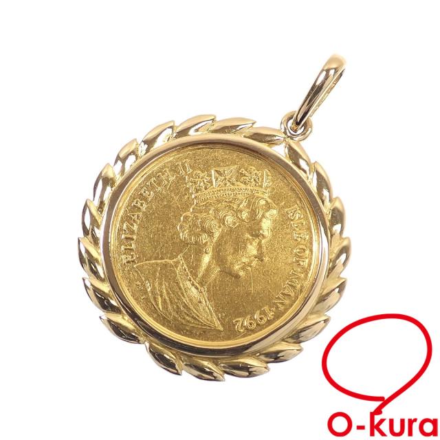 中古 ゴールドコイン ペンダントトップ レディース K24YG K18YG枠 10.2g 750 18金 24金 イエローゴールド 1/5oz エリザベス2世 1992年 猫 ペンダントヘッド