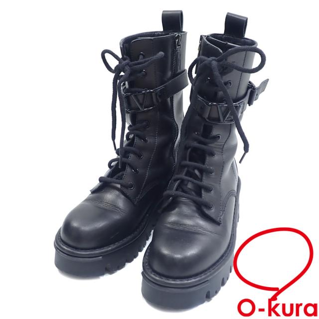 中古 ヴァレンティノ Vスリング コンバットブーツ メンズ カーフレザー ブラック 黒 サイズ37.5 約24.5cm レースアップ ミドル丈 ラウンドトゥ 古着 アパレル