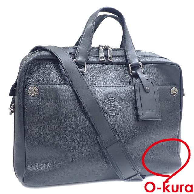 中古 ヴェルサーチ ビジネスバッグ メンズ ブラック 黒 レザー 革 ハンド 書類鞄 ブリーフケース 2WAY ショルダー 肩掛け 斜め掛