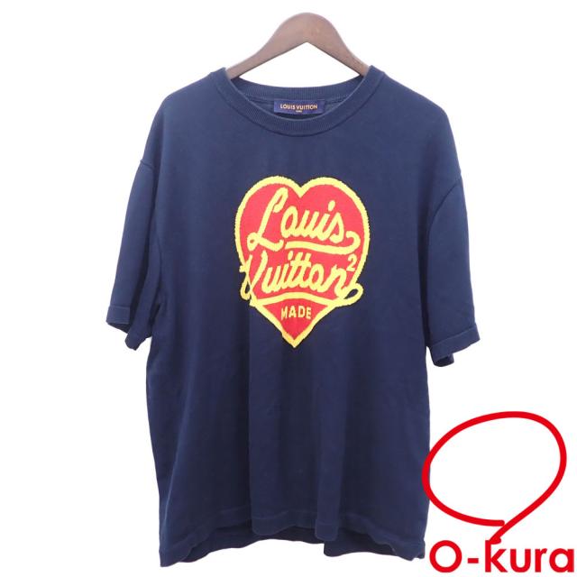 中古 ルイ・ヴィトン Tシャツ インタルシアジャカード ハート クルーネック メンズ 半袖 コットン ネイビー 紺色 XXLサイズ RM221M JN5 HMN01W 古着 アパレル トップス