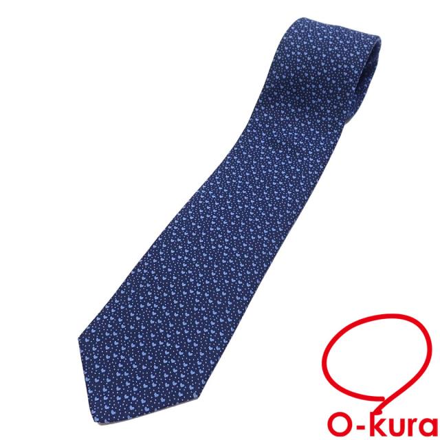 中古未使用品 エルメス ネクタイ メンズ シルク ネイビー 紺色 絹 ハート柄 総柄 古着