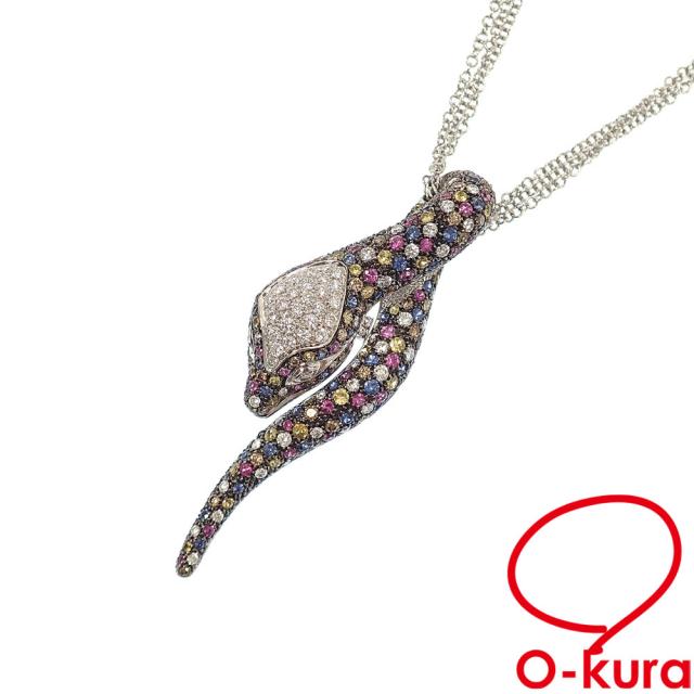 中古 レオピッツォ サファイア ダイヤモンド ネックレス メンズ K18WG S3.79ct/D2.60ct 33.6g 18金 ホワイトゴールド 750 スネークモチーフ 405,000円