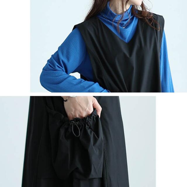 冬新作 大きいサイズ レディース ワンピース ボリュームポケットノースリーブワンピース ワンピ ロングワンピース ロング ノースリーブ ジャンスカ Vネック ポケット ドローコード ストレッチ 伸縮 フレア 春服 夏服 秋服 冬服 LL 2L 3L 4L 5L ブラック 黒 ゴールドジャパンの通販は