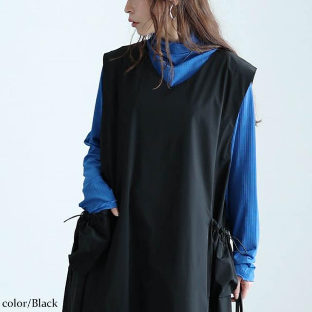 冬新作 大きいサイズ レディース ワンピース ボリュームポケットノースリーブワンピース ワンピ ロングワンピース ロング ノースリーブ ジャンスカ Vネック ポケット ドローコード ストレッチ 伸縮 フレア 春服 夏服 秋服 冬服 LL 2L 3L 4L 5L ブラック 黒 ゴールドジャパンの通販は