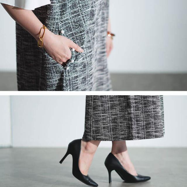 冬新作 大きいサイズ レディース ワンピース ストレッチツイードパール