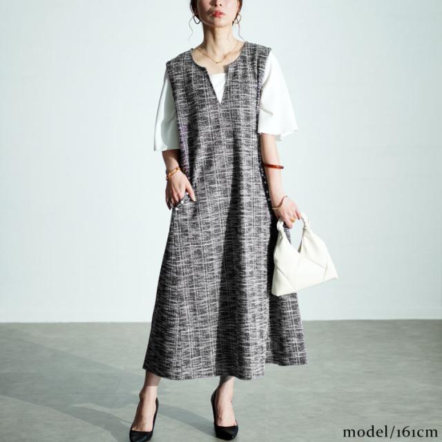 冬新作 大きいサイズ レディース ワンピース ストレッチツイードパールボタン付きレイヤード風ワンピース ワンピ ロングワンピース ロング 5分袖 ツイード パール フェイクレイヤード ドッキング ストレッチ 春服 夏服 秋服 LL 2L 3L 4L 5L ブラック 黒 ゴールドジャパン 冬新作 大きいサイズ レディース ワンピース ストレッチツイードパール