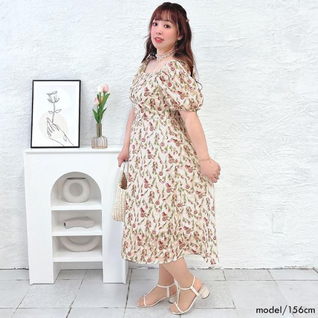 冬新作 大きいサイズ レディース ワンピース バックシャーリング花柄ワンピース ワンピ ロング スクエアネック バックシャーリング 半袖 花柄 柄 フレア 裏地 春服 秋服 LL 2L 3L 4L 5L パープル ピンク ゴールドジャパン +cute +CUTE +Cute ＋cute ＋CUTE  プラスキュート 冬新作 大きいサイズ レディース ワンピース バックシャーリング花柄