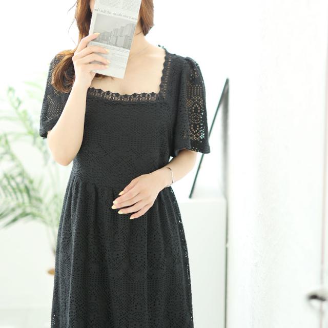 レディースロングワンピース 半袖 透け感 総レース 黒