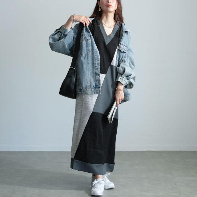 夏新作 途轍も無い大きさ レディース 衣装 前後2way異原料品A生産ライン衣装 ワンピ ロング衣装 ロング マキシ 半袖 5分袖 A生産ライン 前後 2way 異原料品 柄 Vのど頚 労働者の一団のど頚 衣嚢 伸ばすこと 伸縮 夏服 春服 秋 LL 2L 3L 4L 5L 黒いこと 黒 ゴールドジャパン