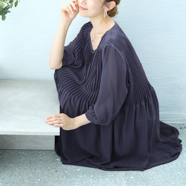 夏新作 途轍も無い大きさ レディース 衣装 プリーツフレアワンピース ワンピ ロング ロング衣装 労働者の一団のど頚 七分袖 半袖 筋目 太陽面爆発 切替え シアー シフォン 裏地 通い 事務所 出来事 無地 韓国 秋服 春服 LL 2L 3L 4L 5L 6L パープル ゴールドジャパン