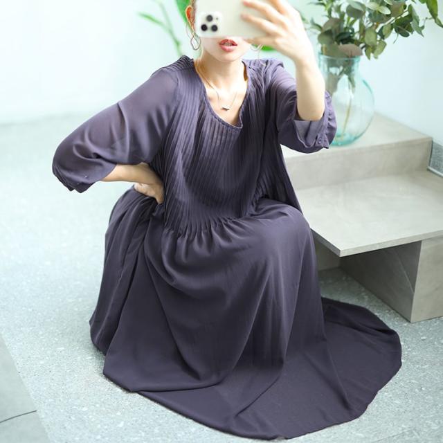 夏新作 途轍も無い大きさ レディース 衣装 プリーツフレアワンピース ワンピ ロング ロング衣装 労働者の一団のど頚 七分袖 半袖 筋目 太陽面爆発 切替え シアー シフォン 裏地 通い 事務所 出来事 無地 韓国 秋服 春服 LL 2L 3L 4L 5L 6L パープル ゴールドジャパン