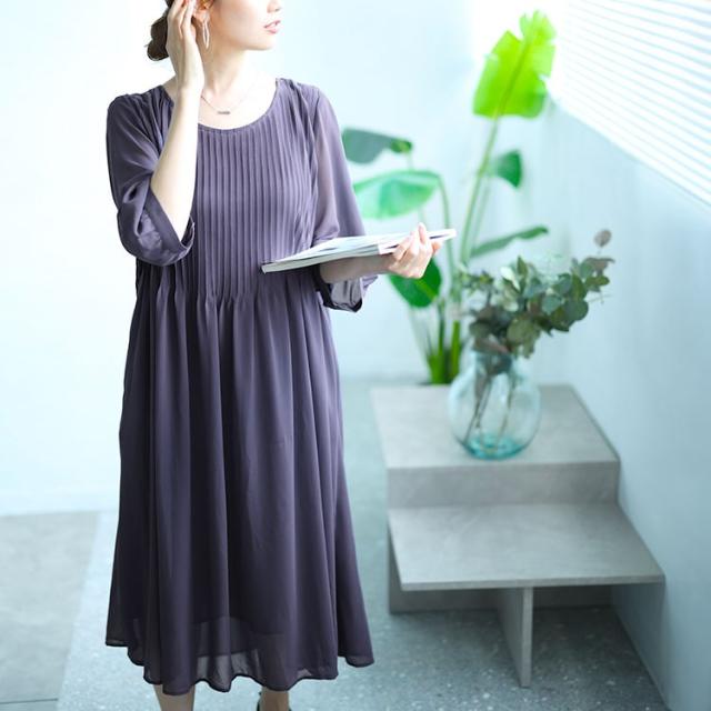 夏新作 途轍も無い大きさ レディース 衣装 プリーツフレアワンピース ワンピ ロング ロング衣装 労働者の一団のど頚 七分袖 半袖 筋目 太陽面爆発 切替え シアー シフォン 裏地 通い 事務所 出来事 無地 韓国 秋服 春服 LL 2L 3L 4L 5L 6L パープル ゴールドジャパン