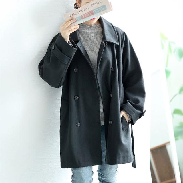 夏新作 大きいサイズ レディース アウター コート ベルト付きダブルボタンコート Pコート ダブルボタン 襟 ダブルボタン ミドル丈 ベルト ウエストマーク ボタン ポケット 起毛 軽い 軽量 暖かい 防寒 シンプル 秋服 春服 LL 2L 3L 4L 5L ブラック グレー ゴールドジャパン_8