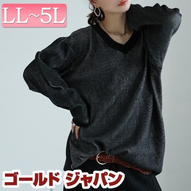 冬新作 大きいサイズ レディース トップス スウェット トレーナー ツートンリブVネックプルオーバー 長袖トップス Vネックトップス 長袖 長そで Vネック ドロップショルダー リブ ツートンリブ ストレッチ 伸縮 冬服 春服 秋服 LL 2L 3L 4L 5L ブラック 黒 ゴールドジャパン