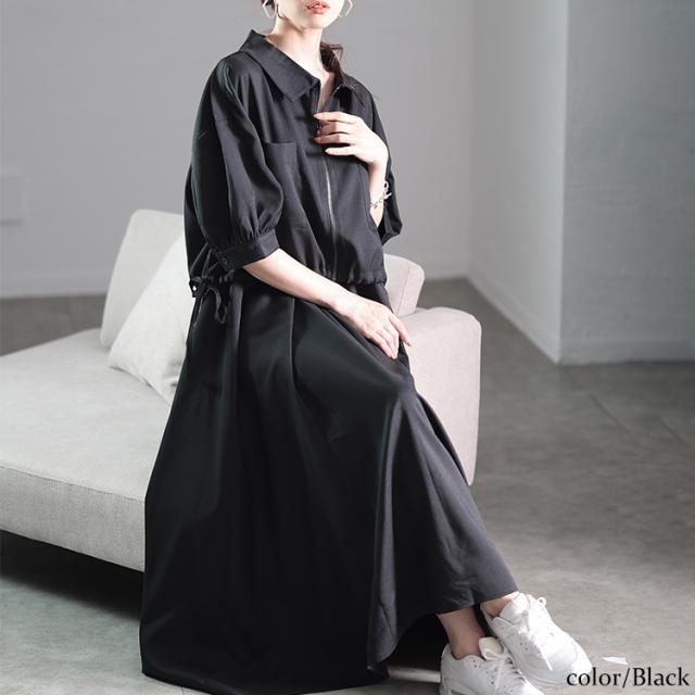 冬新作 大きいサイズ レディース ワンピース サイドリボンZIPジャケット＆キャミワンピース2点セット ワンピ セット ロング キャミ ジャケット ジップ リボン パフスリーブ 5分袖 タック フレア ゆったり 春服 夏 秋服 LL 2L 3L 4L 5L ブラック 黒 ブルー ゴールドジャパン