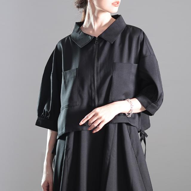 冬新作 大きいサイズ レディース ワンピース サイドリボンZIPジャケット＆キャミワンピース2点セット ワンピ セット ロング キャミ ジャケット ジップ リボン パフスリーブ 5分袖 タック フレア ゆったり 春服 夏 秋服 LL 2L 3L 4L 5L ブラック 黒 ブルー ゴールドジャパン