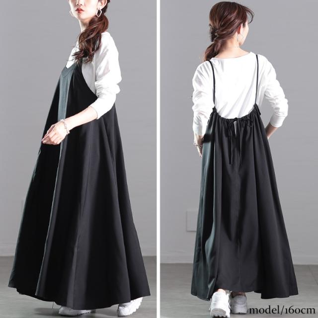 冬新作 大きいサイズ レディース ワンピース サイドリボンZIPジャケット＆キャミワンピース2点セット ワンピ セット ロング キャミ ジャケット ジップ リボン パフスリーブ 5分袖 タック フレア ゆったり 春服 夏 秋服 LL 2L 3L 4L 5L ブラック 黒 ブルー ゴールドジャパン