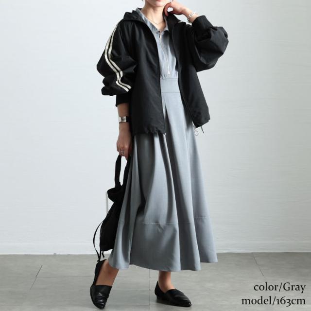 夏新作 途轍も無い大きさ レディース 衣装 二分の一ZIPパフスリーブワンピース ロング衣装 半袖衣装 ロング 5分袖 半袖 ハーフジップ ジップ パフ衣手 ギャザー タック ゆったり 春服 夏服 秋 LL 2L 3L 4L 5L 黒いこと 黒 緑であること 薄墨色 ゴールドジャパン