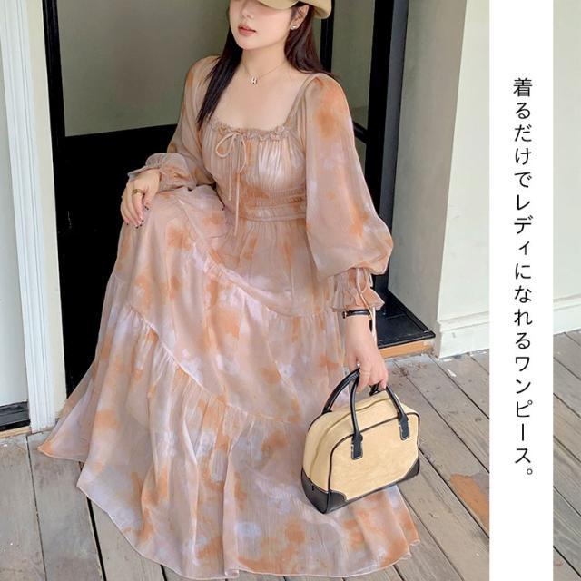夏新作 途轍も無い大きさ レディース 衣装 タイダイ柄スクエアネックティアードワンピース ワンピ ロング 真四角のど頚 長袖 タイダイ柄 太陽面爆発 韓国 ゆったり 夏服 秋服 LL 2L 3L 4L 5L 6L ベージュ ゴールドジャパン +cute +CUTE +Cute ＋cute ＋CUTE  プラスキュート