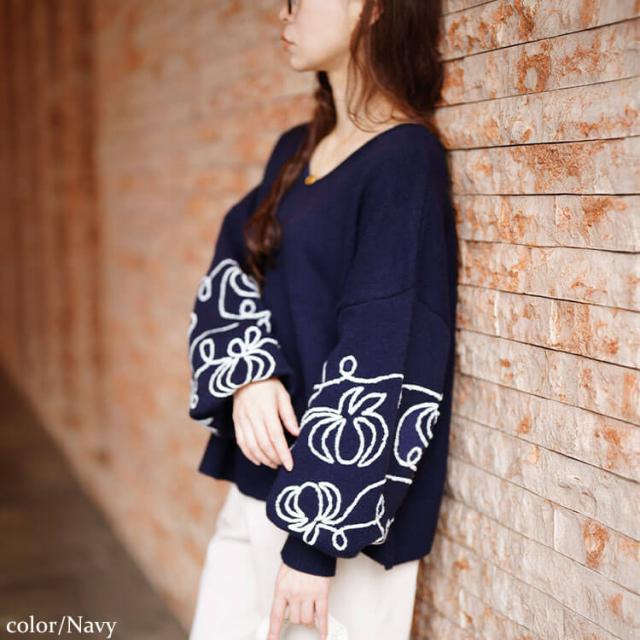 秋新作 大きいサイズ レディース トップス ニット 刺繍ボリューム