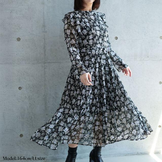 春新作 大きいサイズ レディース ワンピース 花柄シフォンワンピース ロング ロングワンピース 長袖 スタンドネック フリル 花柄 柄 透け感 シアー シフォン フェミニン ガーリー 切替え ゆったり 春服 秋服 L LL 2L 3L 4L ブラック ゴールドジャパン ルワンユー ruwanyu