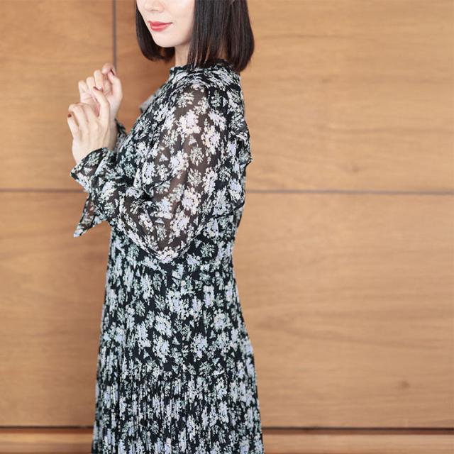 春新作 大きいサイズ レディース ワンピース 花柄シフォンワンピース ロング ロングワンピース 長袖 スタンドネック フリル 花柄 柄 透け感 シアー シフォン フェミニン ガーリー 切替え ゆったり 春服 秋服 L LL 2L 3L 4L ブラック ゴールドジャパン ルワンユー ruwanyu