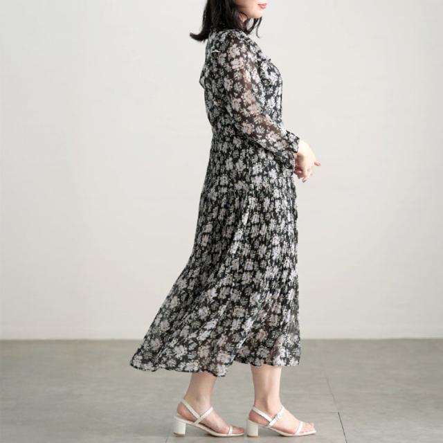 春新作 大きいサイズ レディース ワンピース 花柄シフォンワンピース ロング ロングワンピース 長袖 スタンドネック フリル 花柄 柄 透け感 シアー シフォン フェミニン ガーリー 切替え ゆったり 春服 秋服 L LL 2L 3L 4L ブラック ゴールドジャパン ルワンユー ruwanyu