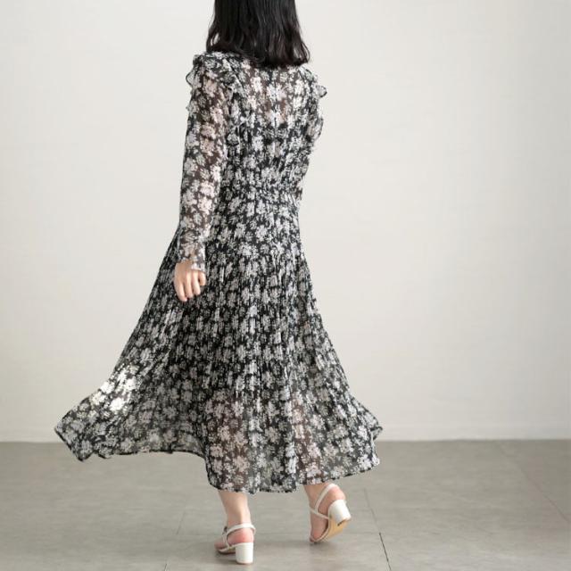 春新作 大きいサイズ レディース ワンピース 花柄シフォンワンピース ロング ロングワンピース 長袖 スタンドネック フリル 花柄 柄 透け感 シアー シフォン フェミニン ガーリー 切替え ゆったり 春服 秋服 L LL 2L 3L 4L ブラック ゴールドジャパン ルワンユー ruwanyu