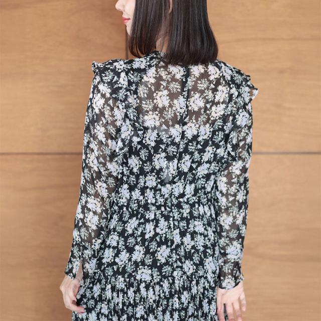 春新作 大きいサイズ レディース ワンピース 花柄シフォンワンピース ロング ロングワンピース 長袖 スタンドネック フリル 花柄 柄 透け感 シアー シフォン フェミニン ガーリー 切替え ゆったり 春服 秋服 L LL 2L 3L 4L ブラック ゴールドジャパン ルワンユー ruwanyu