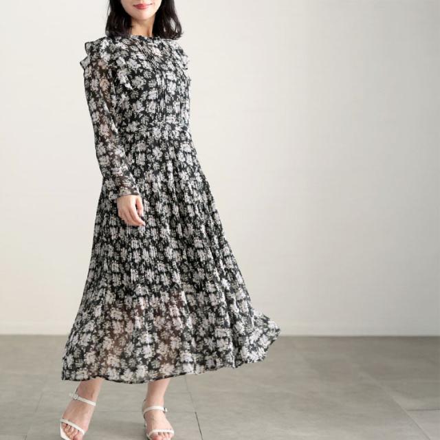 春新作 大きいサイズ レディース ワンピース 花柄シフォンワンピース ロング ロングワンピース 長袖 スタンドネック フリル 花柄 柄 透け感 シアー シフォン フェミニン ガーリー 切替え ゆったり 春服 秋服 L LL 2L 3L 4L ブラック ゴールドジャパン ルワンユー ruwanyu