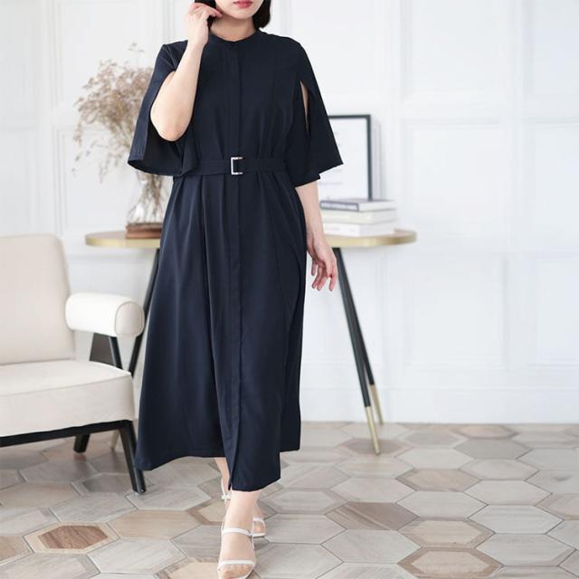 春新作 大きいサイズ レディース ワンピース ケープスリーブベルトワンピース ワンピ ロング マキシ スタンドカラー ベルト ケープスリーブ スリット袖 オケージョン 通勤 オフィス 無地 ゆったり 夏服 秋服 L LL 2L 3L 4L ネイビー ゴールドジャパン ルワンユー ruwanyu