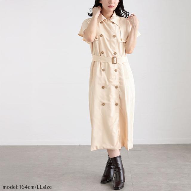 春新作 大きいサイズ レディース ワンピース トレンチ風ケープスリーブワンピース ケープ袖 フレアスリーブ 半袖 トレンチ 襟 ボタン ベルト付き ウエストマーク Iライン 上質 通勤 無地 ゆったり 夏服 秋服 L LL 2L 3L 4L ベージュ ゴールドジャパン ルワンユー ruwanyu